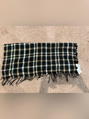 J. Crew Black, White & Beige Plaid Fringe Scarf